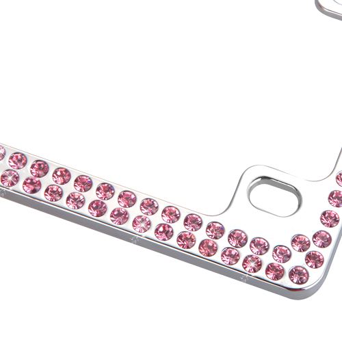 Double Row Chrome Metal Motorcycle License Plate Frame with Pink Crystals